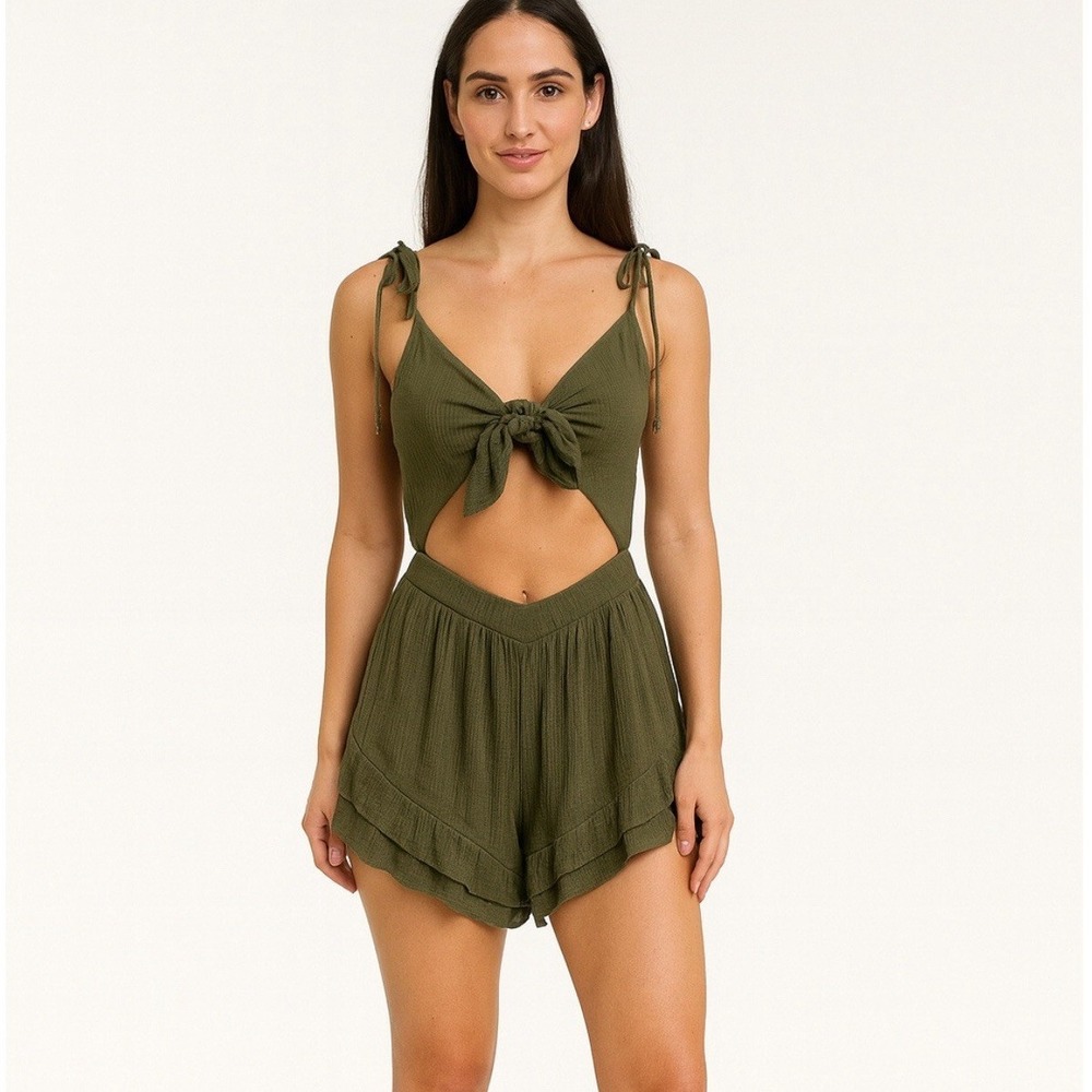 Olive Green‎ Tie Front Cutout Romper Beach Vacation Casual Size S